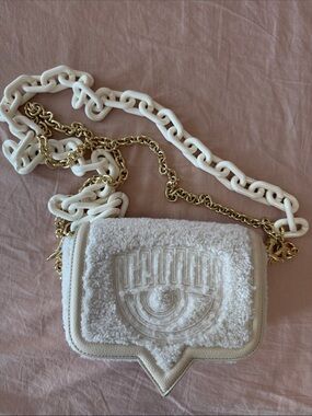 Chiara Ferragni Cream Sherpa Crossbody with Gold Chain & White Links